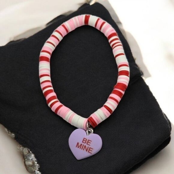 Candy Heart Be Mine Charm Bracelet Chalky Purple Valentine's Sweetheart Message - Picture 1 of 2